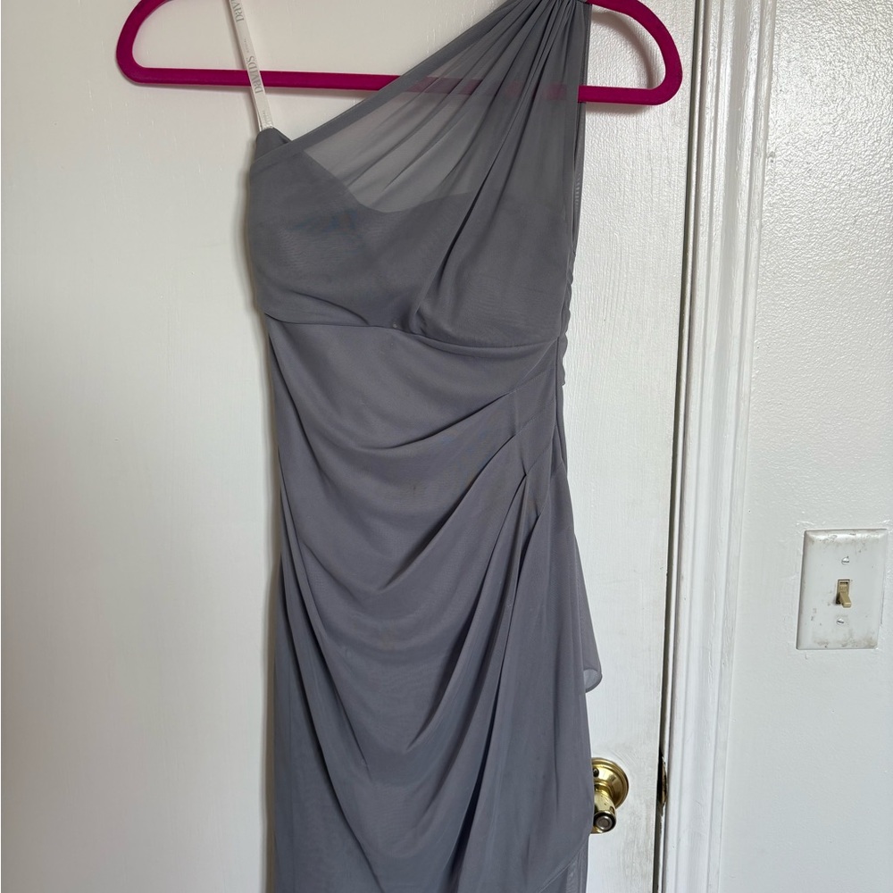 David’s Bridal Mercury Short Illusion Mesh One Shoulder Dress in Gray